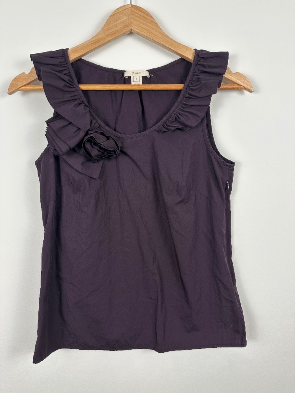 J.Crew Ruffle Neck Rosette Sleeveless Top | Eggplant Purple | Size 0